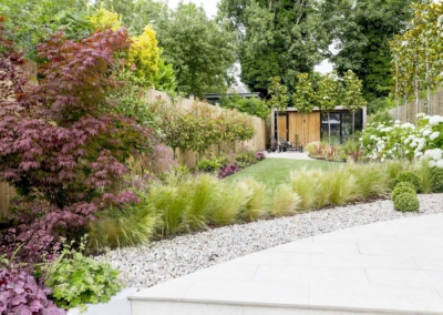 Back garden design in Friern Road, Dulwich, 4 Porcelain steps and patio with pebble border
