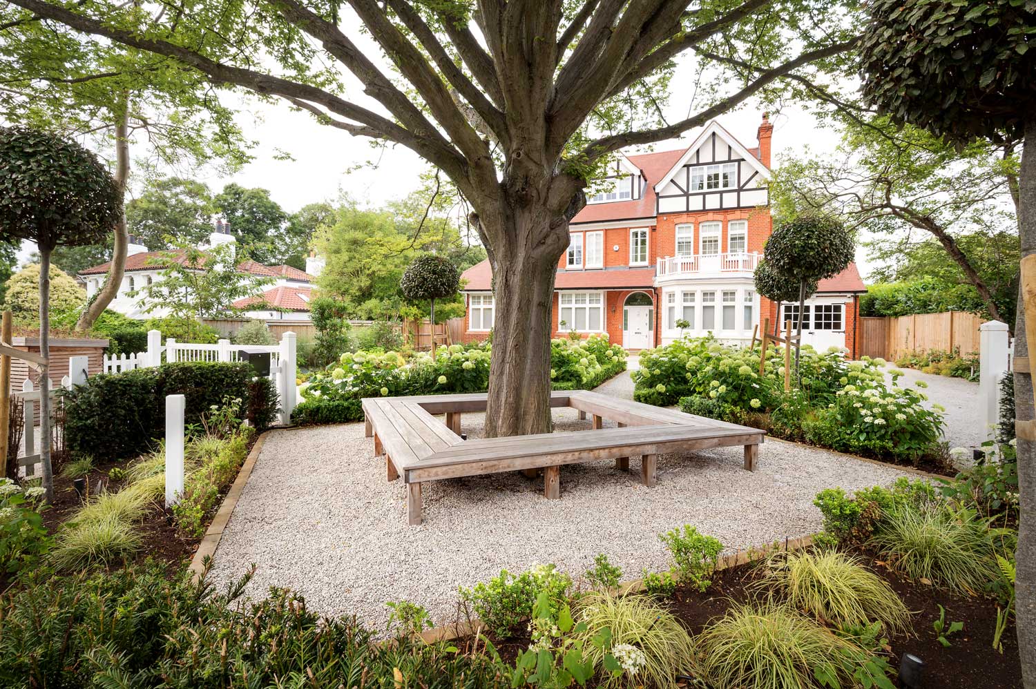 Tree in front garden with surrounding bench