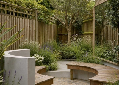 Garden design in Elmwood Rd, 2 Looking through seating area with benches to olive tree at back