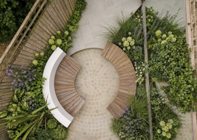 Garden design in Elmwood Rd, 3 Aerial view of central seating area with planting to sides