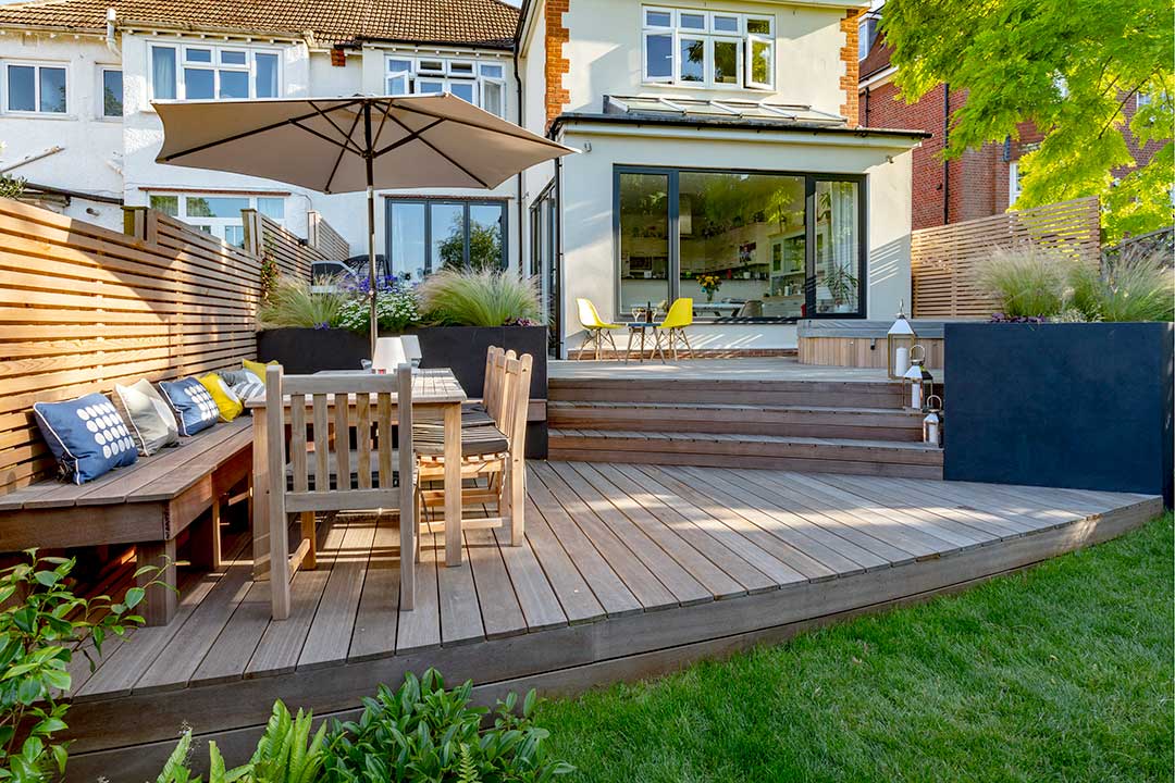 Garden deck with dining table and chairs