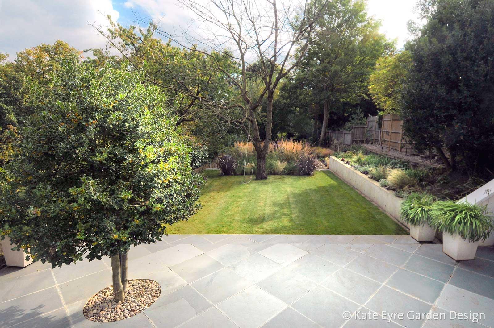 Large back garden design in Crystal Palace, South London, 7 - slate patio
